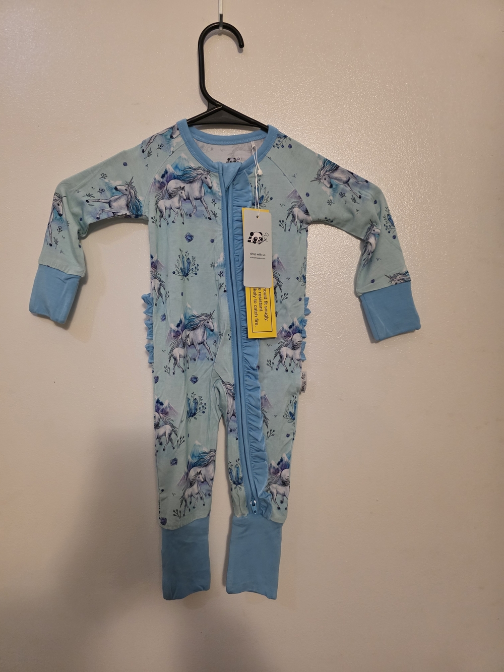 Unicorn Ruffle Zip One-Piece Pajamas - Light Blue
